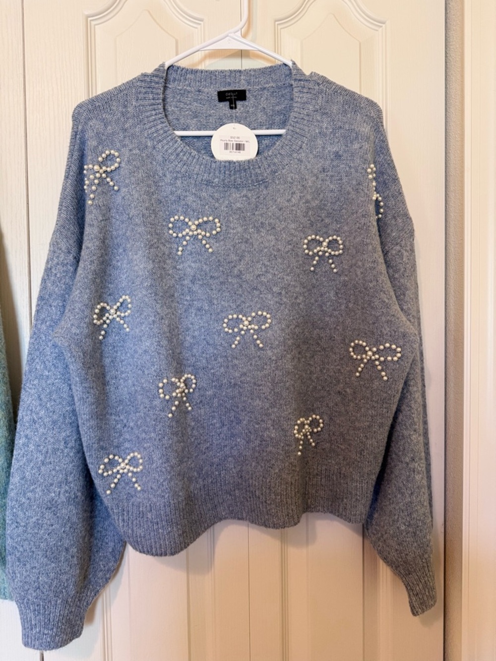 debut Light Blue Pearl Bow Crewneck Sweater